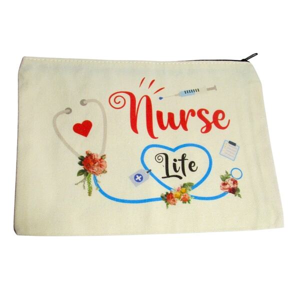 White Canvas Zip Pouch Nurse Themed Utility Bag Artist Decorated 7x 9 Inches - Picture 2 of 2